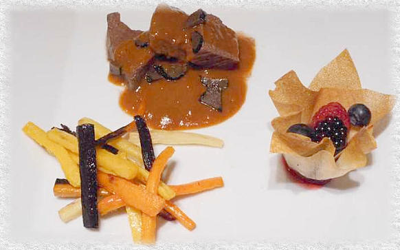 steak de biche, frites de légumes et fruits d'automne