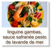 linguine gambas, sauce safranée pesto de lavande de mer