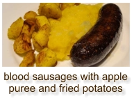 blood sausages with apple puree and fried potatoes