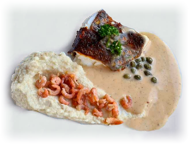 tarbot met knolselderroom en mosterdsaus