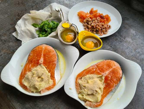 zalm gevuld met aspergepuree in Vlaamse stijl