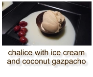 chalice with ice cream and coconut gazpacho