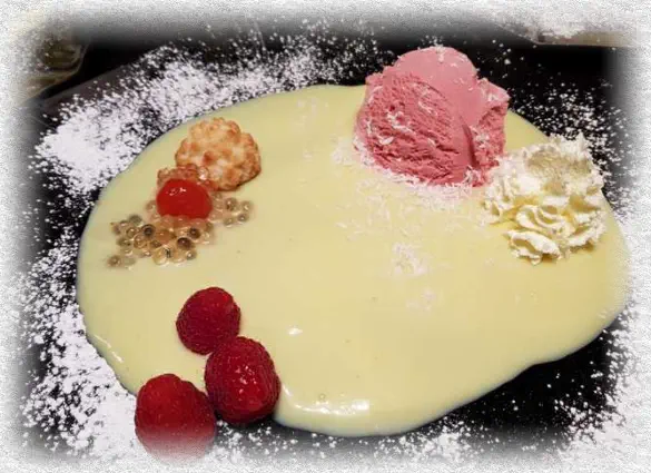 white chocolate gazpacho, raspberry ice cream