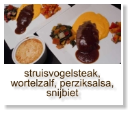 struisvogelsteak, wortelzalf, perziksalsa, snijbiet